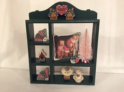 Green Wood Shadow Box With Miniature Wood Items And  Christmas Santa Mini Pillow • $34