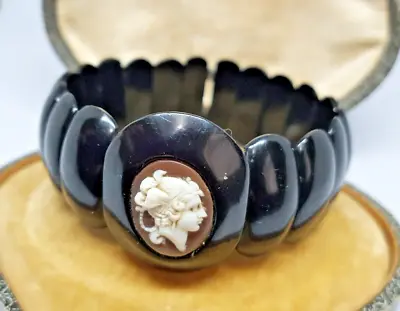Antique  Victorian Whitby Jet /shell  Cameo Of A Medusa ? Style Head  Bracelet • £275