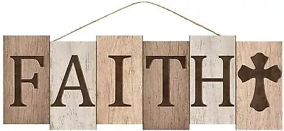 Wooden Block Faith Cross Sign - 14  X 5  Brown Rustic Christian Wall Decor • $9.95