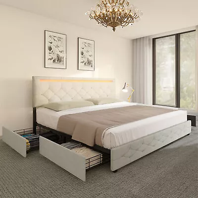 King Size Bed Frame Led W/ Adjustable Upholstered Headboard + 4 Storage Drawers • $280.51