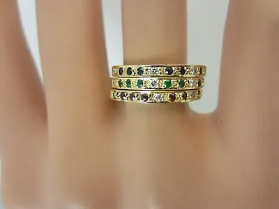 Vintage 18k Yellow Gold Emerald Ruby Blue Sapphire Diamond Set Of 3 Stack Rings • $749