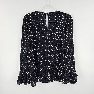 Portmans Top 16 Long Sleeve Frilly Wrist Star Print Black White V Neck Ladies • $19.99