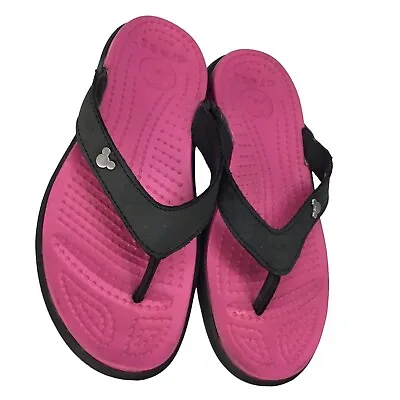 Crocs Mickey Flip Flops Thong Size 6 Black Pink Comfort Sandals Leather Upper • $24.77