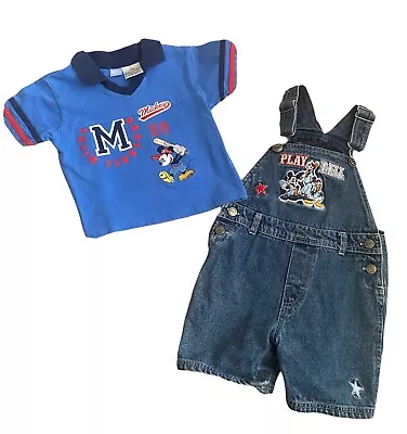 Vintage Disney Mickey Mouse Overalls 24 Months Denim Shorts Shirt Baseball • $49.99