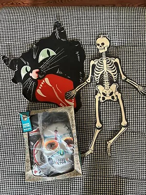 1950s Halloween Halco Skull Mask Costume & Skeleton Black Cat Decorations VTG • $69