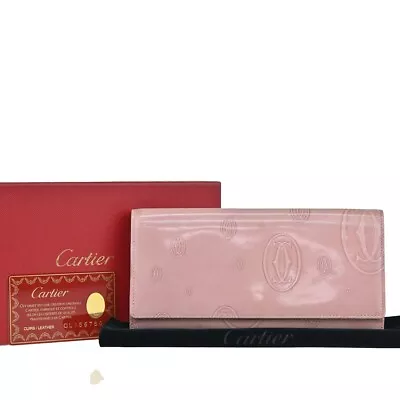 CARTIER Logo Happy Birthday Bifold Wallet Patent Leather Pink France 05KA137 • $108