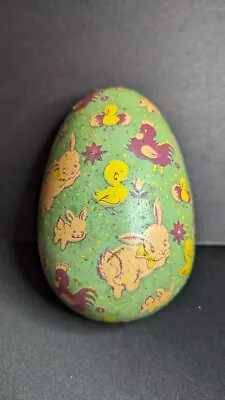 Vintage Tin Litho Easter Egg Candy Container Rabbit Chicks 1950s • $30