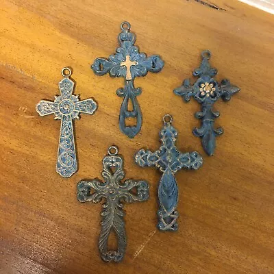 Set Of 5 Small Cast Iron Crosses Blue W/ Gold Accents Ornaments Hanging Wall Art • $24.95