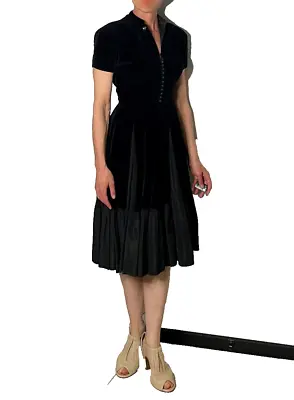 1940s - 1950s Black Velvet Dress Diamante Clasp Circle Dress New Look Dress WWII • $380