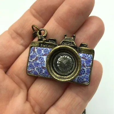 Camera Pendant Necklace Long Bronze Tone & Blue Retro Festival Boho Hippy Surf • £12