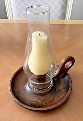 Antique  Wooden Candlestick Holder (Finger Loop Glass Chimney & Candle) • $25