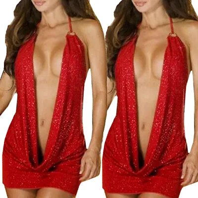 $7.99 • Buy Sexy Women's Plunge V Neck Clubwear Party Dress Sleeveless Mini Bodycon Babydoll