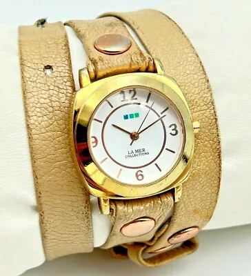 Ladies LA MER Collections Double Wrap Brown/Beige Leather Gold Tone Watch Runs • $10.49