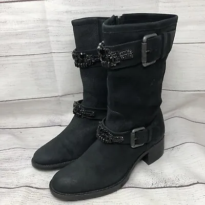 Vera Wang Lavender Moto Biker Leather Embellished Side Buckles Boots Size 7 M • $59