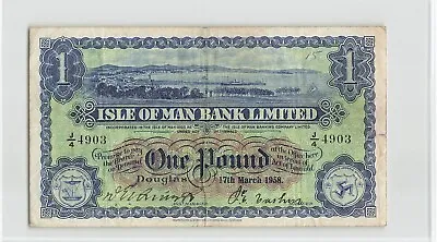 ISLE OF MAN 1 Pound 1958 P-6d Pretty W&S Print Handsigned J/4 4903. Rare. B2 • $125