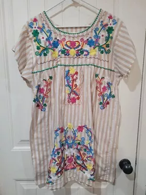 YZXDORWJ Dress Women’s Mexican Embroidered Short Sleeve Striped Size XL • $20