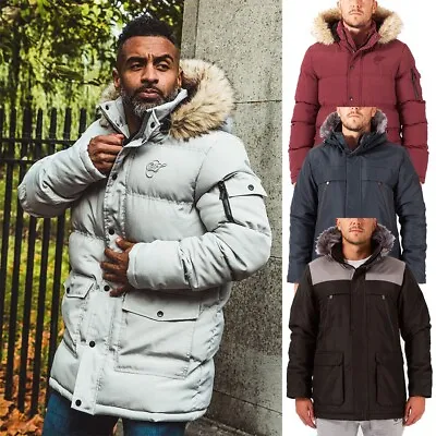 Mens Parka Jacket Faux Fur Hooded Warm Embroidered Logo £53.99 • £19.99