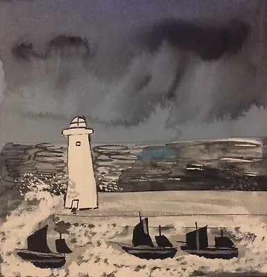 Cornish Harbour In Storm. Lighthouse And Boats Influenced By Alfred Wallis #1 • £22