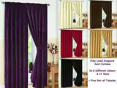 Pair - Pencil Pleat - Fully Lined Jacquard Swirl Curtains + Tie Backs • £13.99