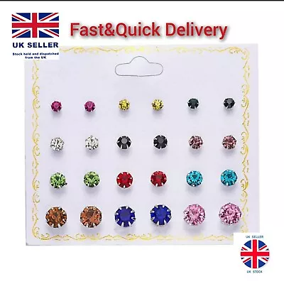 A Set Of 12 Pairs Multic Cubic Zirconia Stud Earrings Small Round CZ Set Pack UK • £7