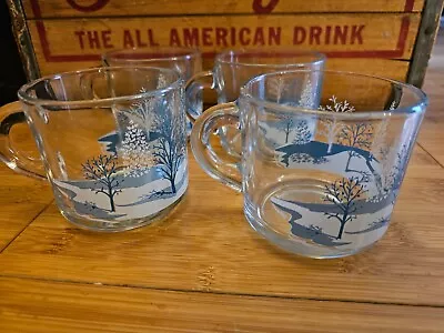 Vintage Anchor Hocking Winter Tree Scene Christmas 4 Clear Glass Coffee Mugs • $24.99