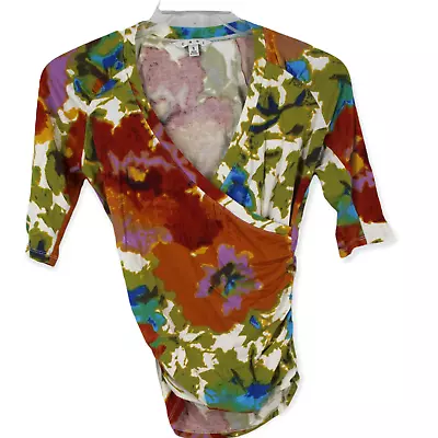 CAbi Multi Color Floral Watercolor Surplice Top Small Ruched Side Stretch #309  • $7.98