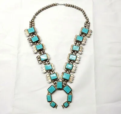 THOMAS NEZ Vintage Old NAVAJO Turquoise SQUASH BLOSSOM Sterling Silver Necklace • $2795