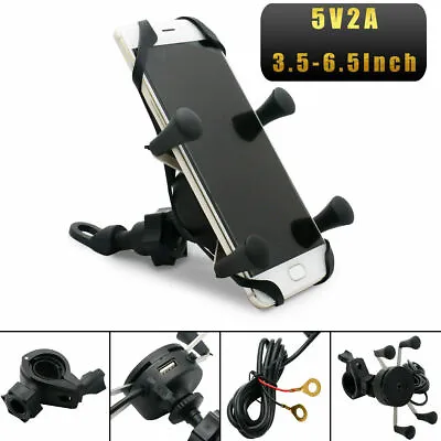 Universal Motorcycle Mobile Phone Holder Motorbike X Grip Clamp Mount USB Charge • £9.99