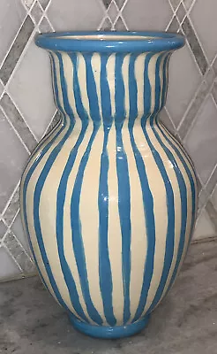 Vtg GA Artist H Shadron Blue White Stripe Pottery Vase 8.5”T St Simons Island • $94.99