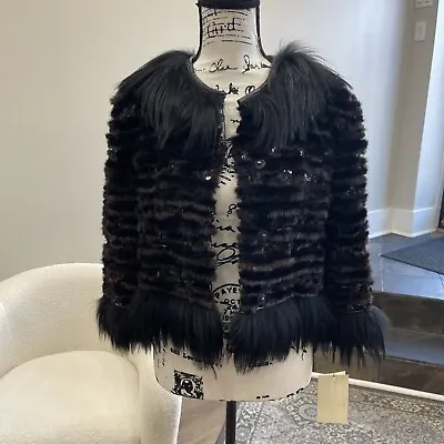 Formal Black Mink Fur And Sequin Bolero Crop Jacket With Black Fox Trim NWT S • $299.99