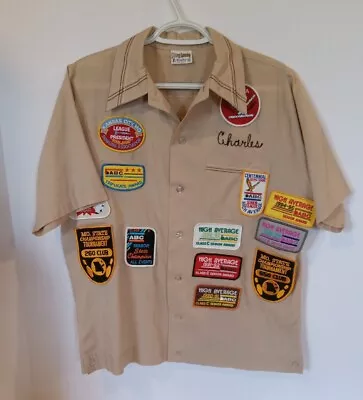 Vintage King Louie Men's Bowling Shirt M Beige Button Down 29 Patches KCMO 80s • $149.95