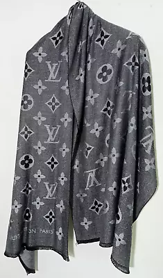 Louis Vuitton Scarf Shawl Wrap LV Monogram Gray Stole Cashmere Silk Italy • $169