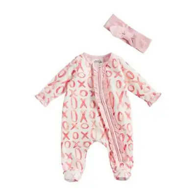 Mud Pie XO Pink Zippered Footed Sleeper & Headband Set  0-3M 3-6M • $24