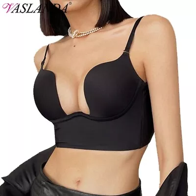 Push Up Bra Backless Women Low Cut Deep U Plunge Underwear Invisible Seamless  • £17.79