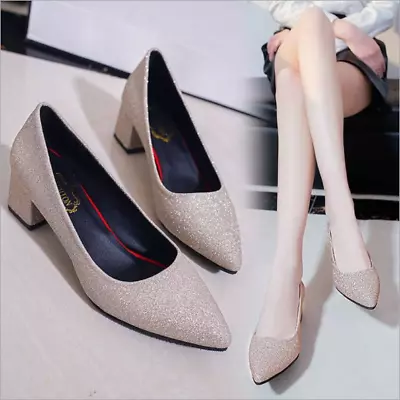 Sexy Womens Block Low Heel Pointy Toe Slip On Ol Office Work Smart Shoes Pumps • $44.97