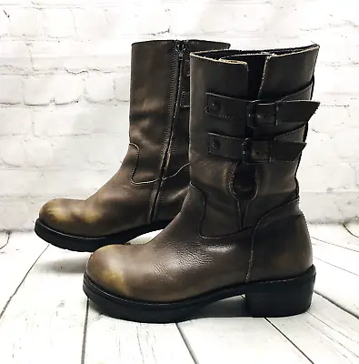 Moma Italy Biker Moto Boots Distressed Brown Leather Mid-Calf Women's 37 US 7 • $89.99