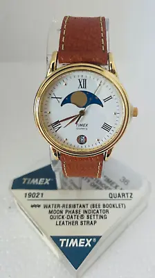 Vintage Timex Date Elegant Moon Phase Dial Quartz Gold Leather  Watch Nib • $189