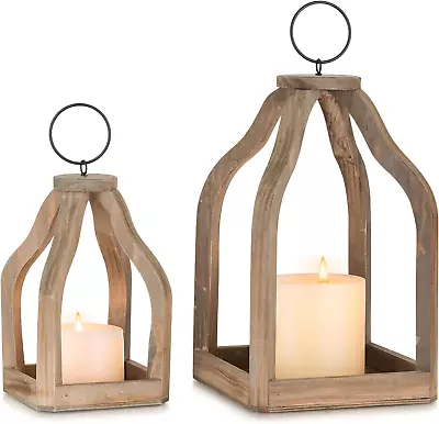 Wood Decorative Candle Lanterns Set Of 2 Indoor Farmhouse Hanging Candle Holder • $48.09