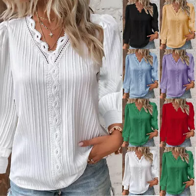 Summer Womens V Neck Ladies Plus Size T-Shirt Blouse Long Sleeve Tops Pullover • £9.76