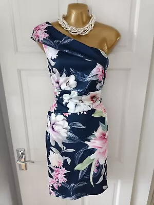 £24.99 • Buy LIPSY 12 Navy Blue Pink Floral One Shouldered Scuba Dress Bodycon Wedding