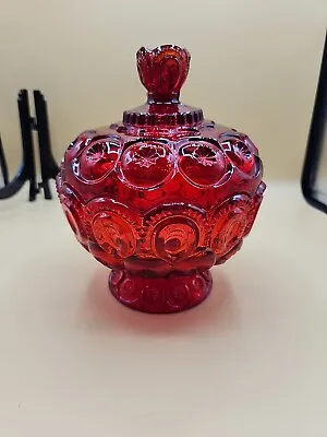 Vintage LE Smith Moon & Stars Red Glowing Glass Footed Compote W Lid Candy Dish • $95