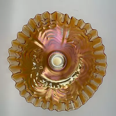 Vintage Peacock Tail Iridescent Marigold Carnival Glass Bowl Ruffled Edge Fenton • $24