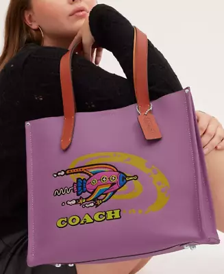 Coach Cosmic Relay Tote 34 With Rocket-Pebble Leather In Violet Orchid Multi • $260