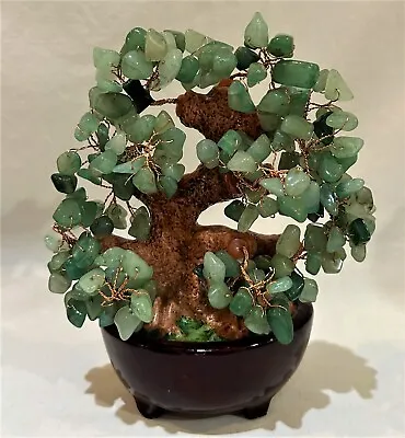 VTG Jade Bonsai Tree With Green Stone Quartz Copper Wired On Resin Tree 5 3/4  • $25