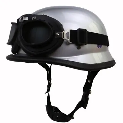 DOT German Motorcycle Half Helmet With Goggles Chopper Scooter Skull Cap Silver • $88.86