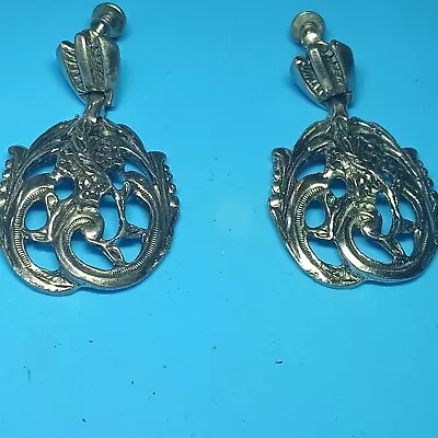 Vintage Silver Plated Screw Back Clip On Dangle Earrings Art Deco  • $13.40