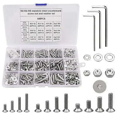 £19.38 • Buy 600Pcs M3 M4 M5 Countersunk Bolts Nuts And Washers Set, 304 Stainless Steel Fla