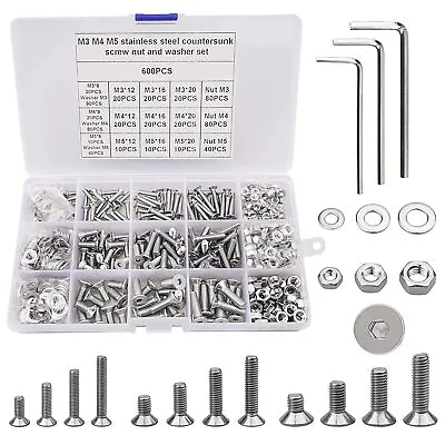 600Pcs M3 M4 M5 Countersunk Bolts Nuts And Washers Set 304 Stainless Steel Fla • £18.88