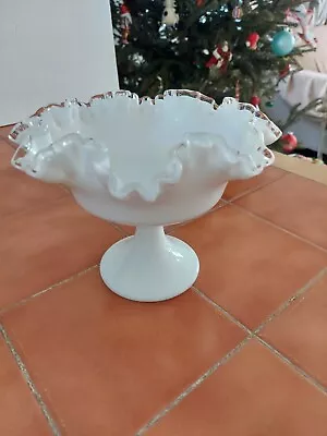 Vintage Fenton Silver Crest Ruffled Milk Glass Compote Candy  Dish Bowl 8 ×6  • $24