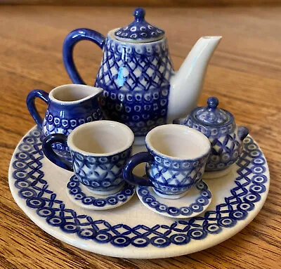 Vintage Blue & White China MINIATURE TEA SET 10 Pieces Teapot National Cathedral • $19.99